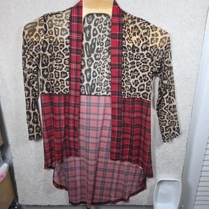 Crazy Train Kimono Duster Top Womens M Red Beige Leopard Print Plaid Open Front